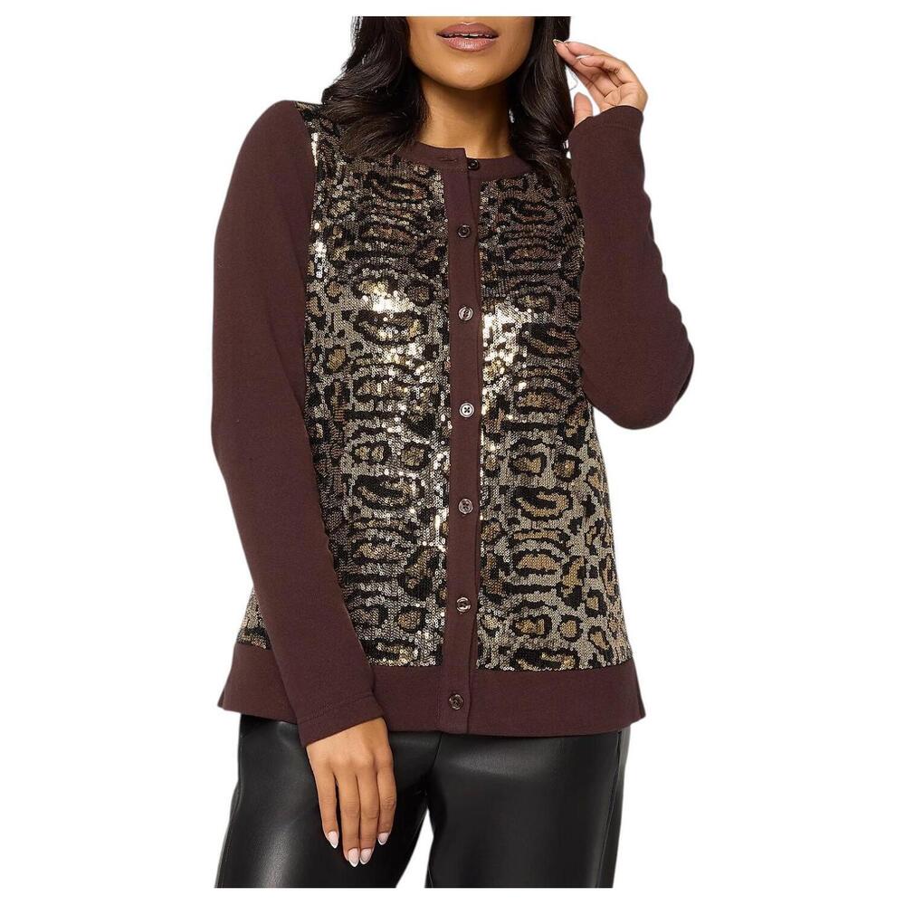 Jingle Belles by Kim Gravel Women's Animal Chic Sequin Cardigan Choco - Regular